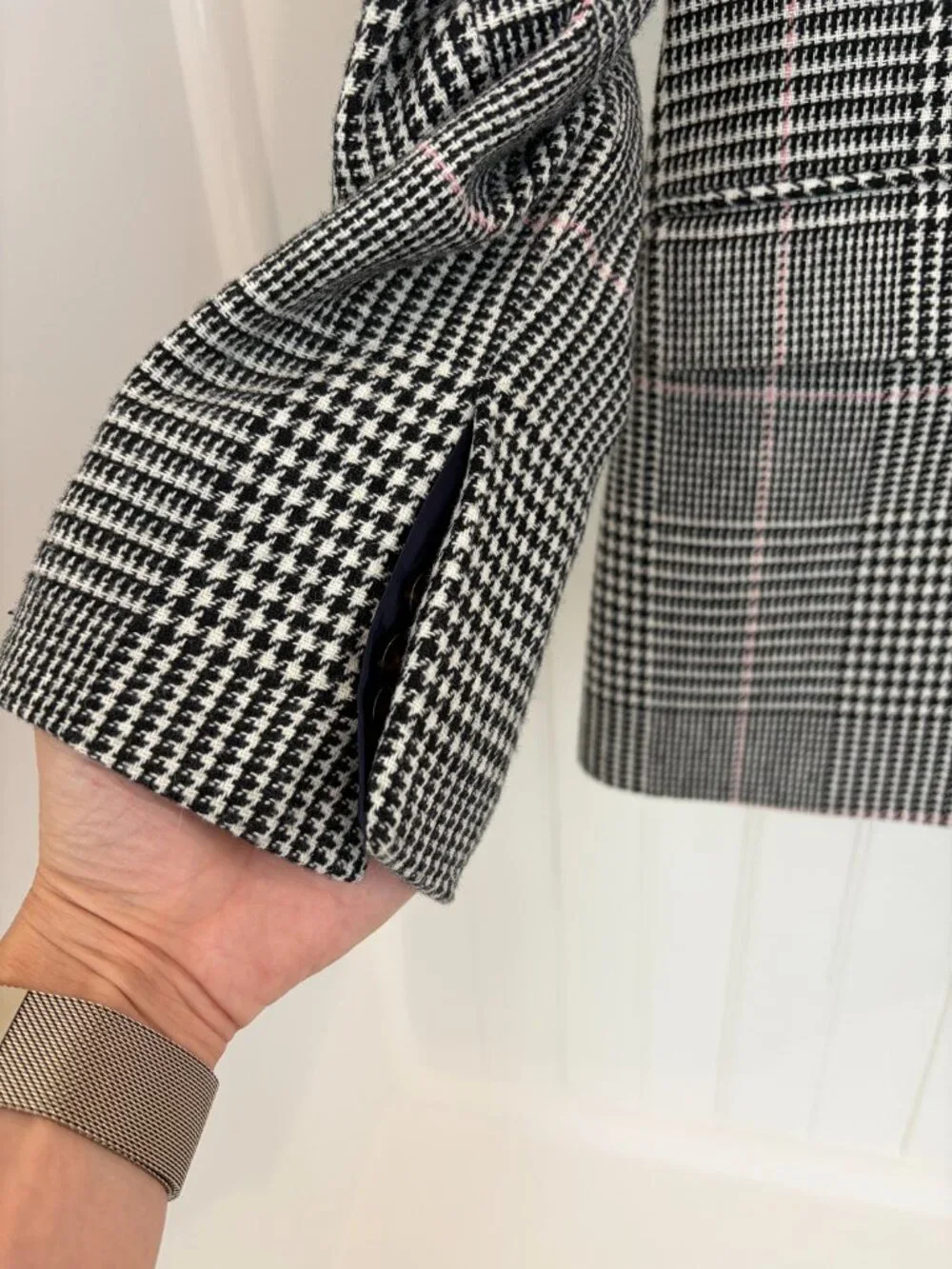 J.Crew Nello Gori Boyfriend Blazer Glen Plaid Houndstooth Pink Lining Sz 2